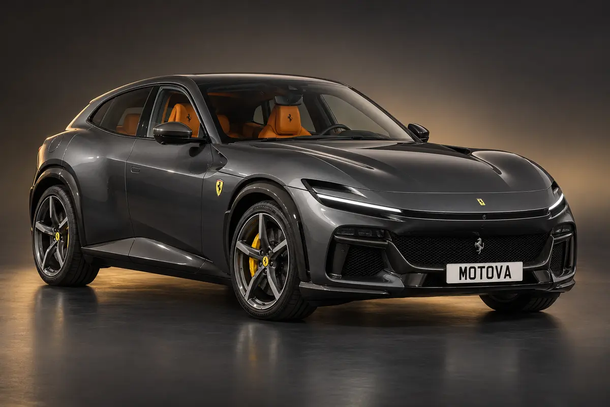 UK specification Ferrari Purosangue in Grigio Scuro with orange interior and MOTOVA number plate