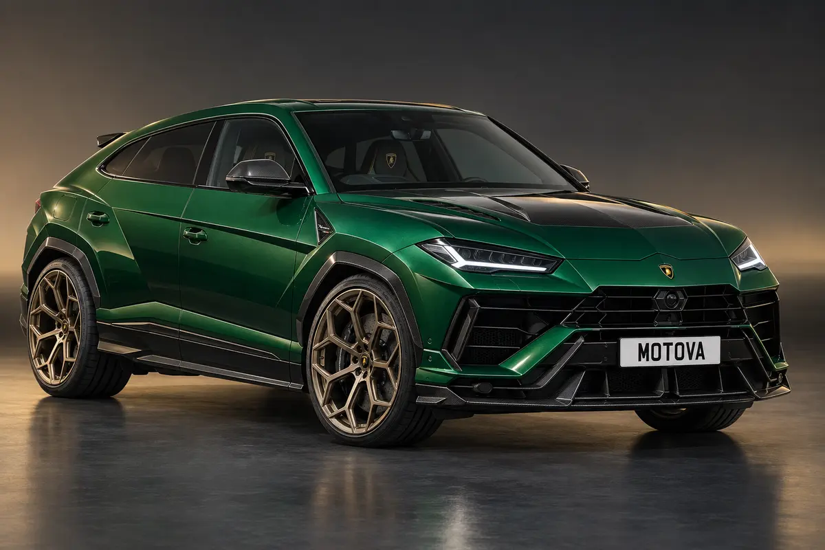 UK specification Lamborghini Urus Performante in Verde Ermes with bronze alloy wheels and MOTOVA number plate