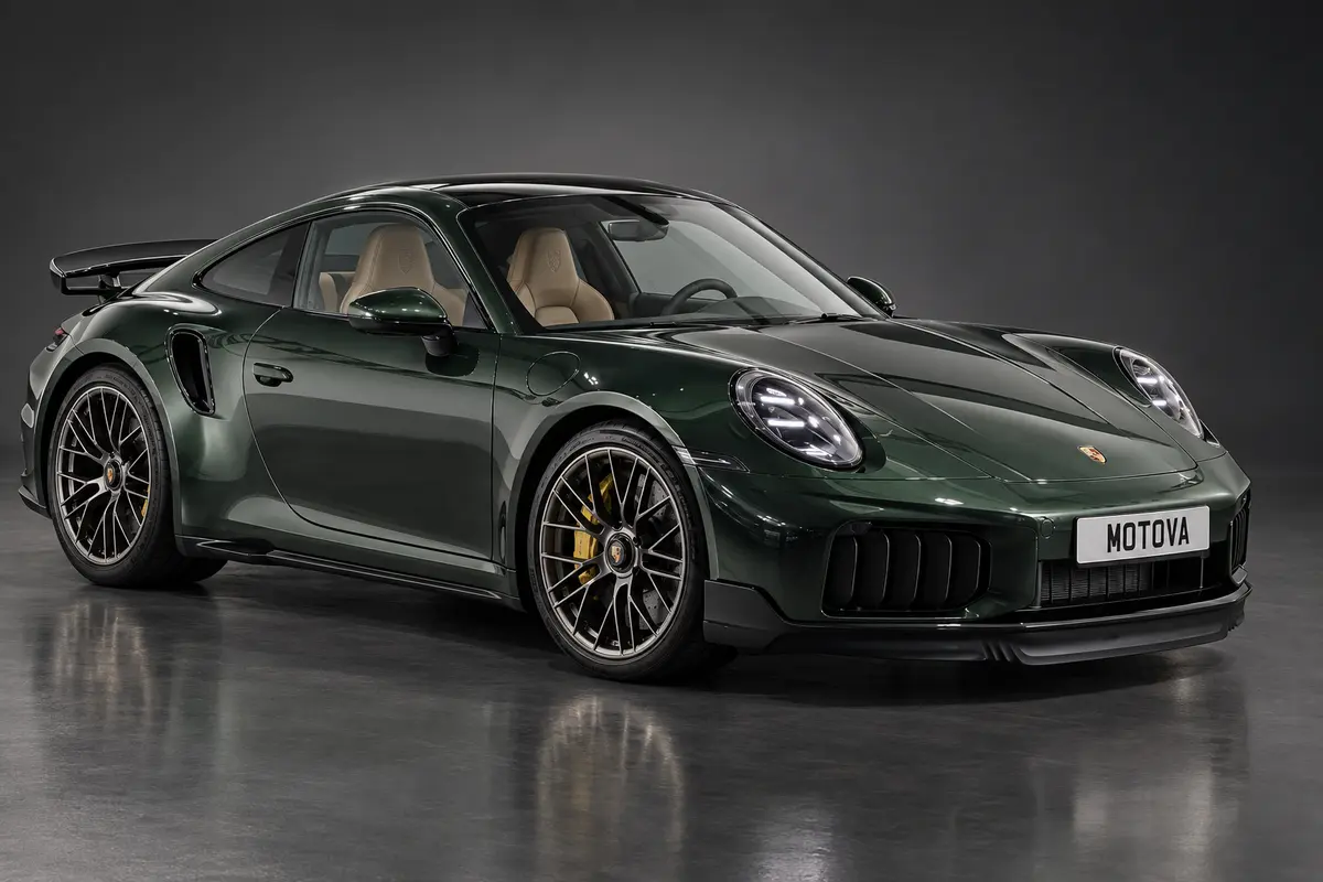 UK specification Porsche 911 992.2 Turbo S in Neo Green Metallic with tan leather, Turbonite wheels and MOTOVA number plate