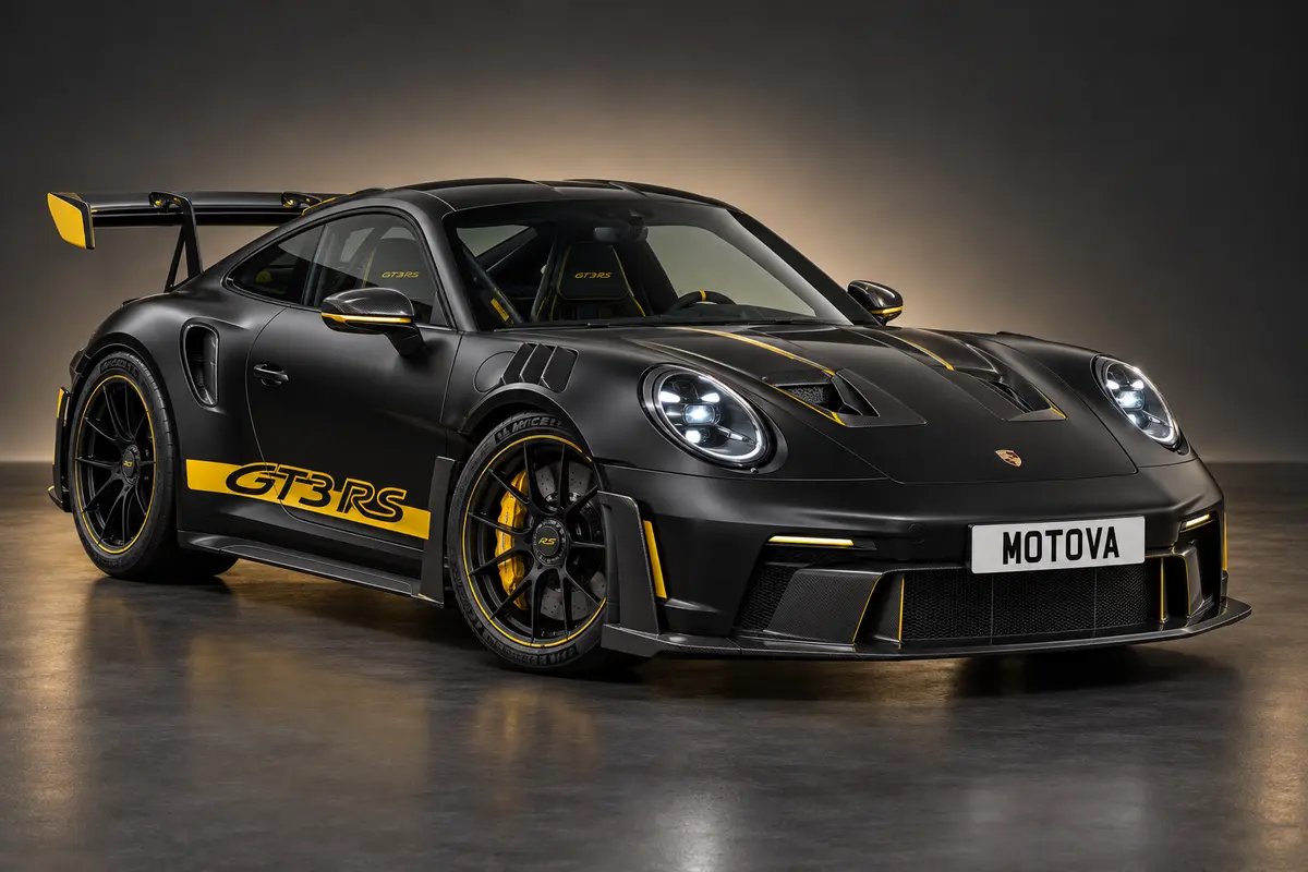 UK specification Porsche 911 GT3 RS in satin black with yellow decals and MOTOVA number plate